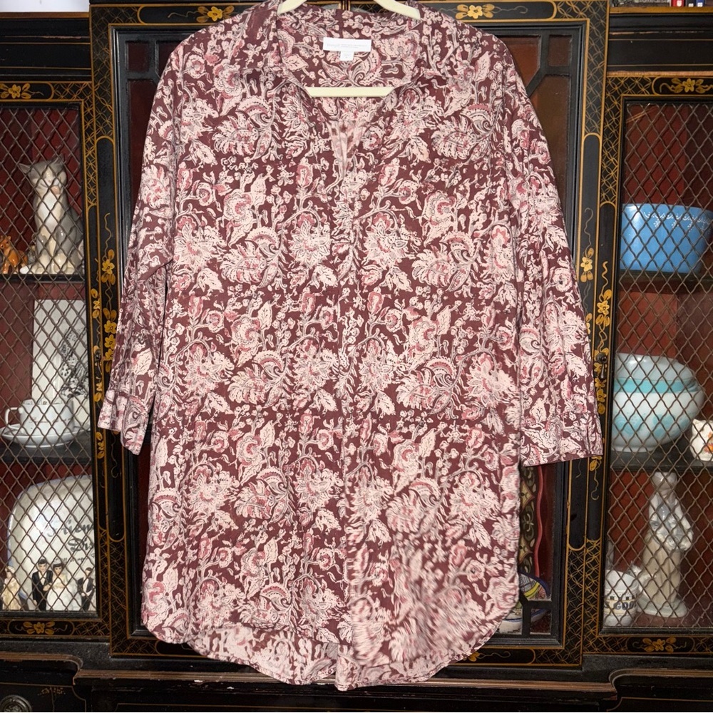J.Jill Pure Jill Organic Cotton Tunic Top Size Medium Burgundy Mauve & Cream